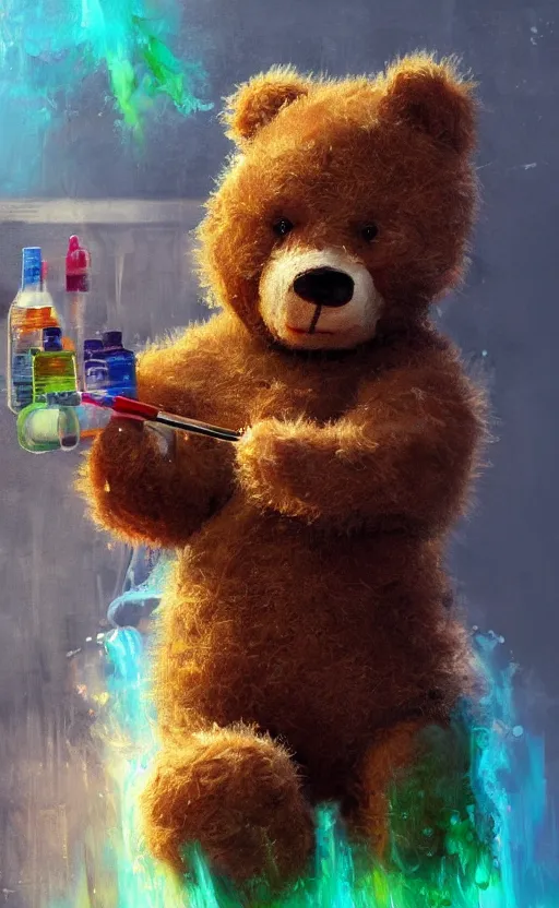 Image similar to a teddy bear mixing chemicals, mad scientist, oil painting, fantasy concept art, trending on art station, stunning visuals, creative, cinematic, ultra detailed