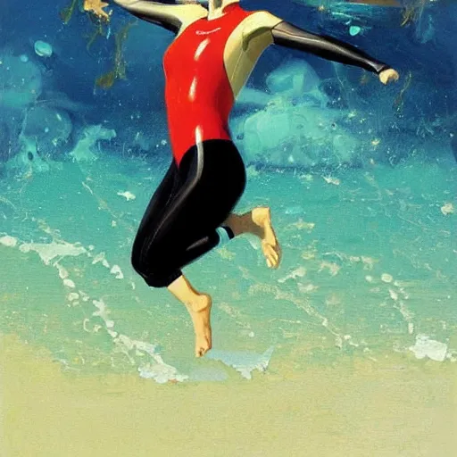 Image similar to a blond lifeguard in a wetsuit jumping into the pool. Kuvshinov ilya. Repin. Phil Hale