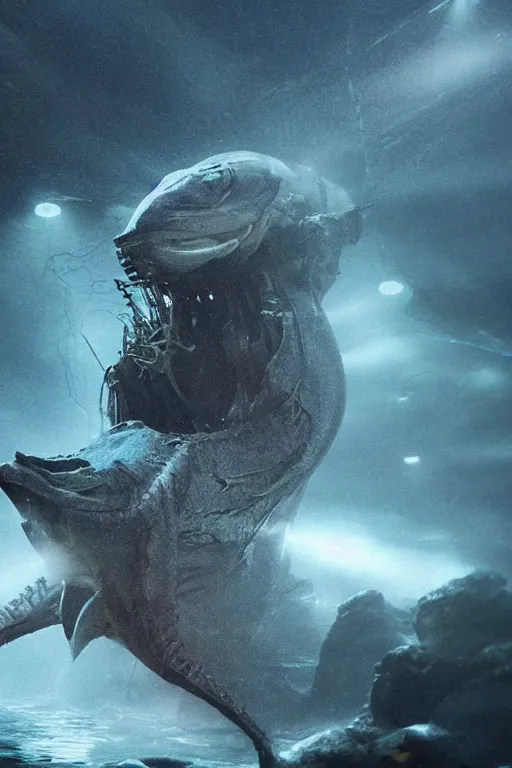 Image similar to elon musk as a fantastic scary sea creature, photorealistic, cinematic lighting, highly detailed, by guillermo del toro