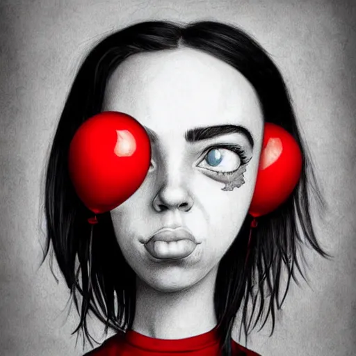 Prompt: surrealism grunge cartoon portrait sketch of billie eilish with a wide smile and a red balloon by - michael karcz, loony toons style, homer simpson style, horror theme, detailed, elegant, intricate