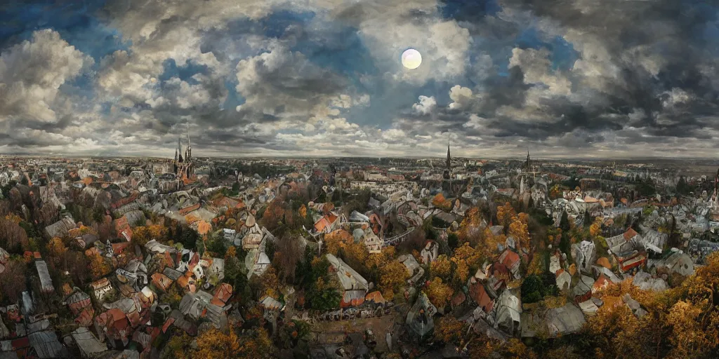 Image similar to photo beautiful magical ancient Slavic Russian city of Kitezh, fisheye lens, painting by Viktor Vasnetsov, concept art, magical city, fantasy cityscape, ancient Slavs, wooden buildings, ancient Russian architecture, terem, hyperborea, top cinematic lighting , cinematic mood, very detailed, 8k, high resolution, trending on artstation, painting by Nicholas Roerich, artstationHD,