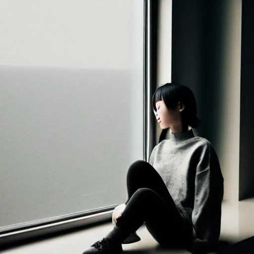 Image similar to a woman sitting on a window sill looking out the window, hands on cheeks, grey sweater, a stock photo by chen jiru, tumblr, aestheticism, movie still, pretty, pixiv