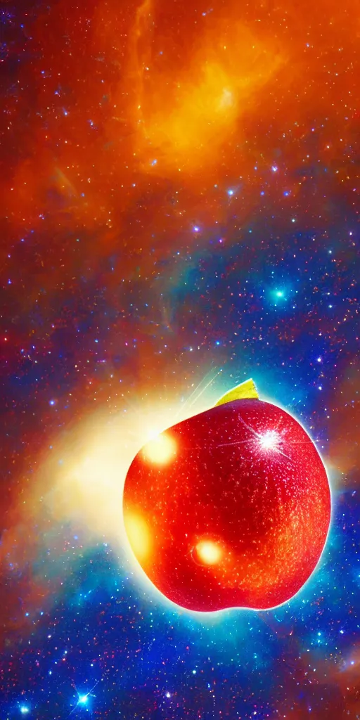 Prompt: a nasa photo of a galaxy in the shape of a red apple with a bite taken out of it. dynamic composition psychedelic