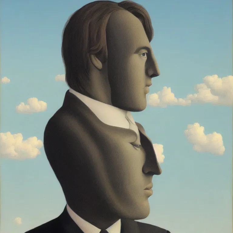 Image similar to portrait of a faceless shadow - head man with messy long hair in a suit, clouds in the background, by rene magritte, detailed painting, distance, middle centered, hd, hq, high resolution, high detail, 4 k, 8 k