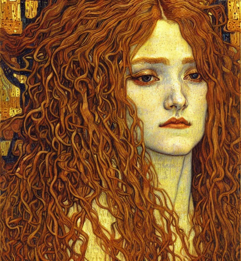 Image similar to detailed realistic beautiful young medieval queen face portrait by jean delville, gustav klimt and vincent van gogh, art nouveau, symbolist, visionary, gothic, pre - raphaelite, muted earthy colors, desaturated