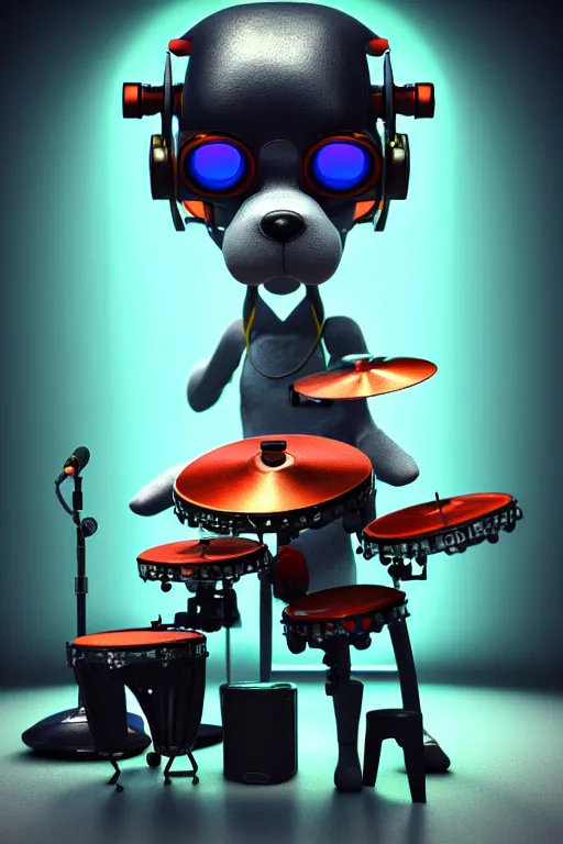 Image similar to high quality 3 d render very cute cyborg beagle plays drums!, cyberpunk highly detailed, unreal engine cinematic smooth, in the style of blade runner & pixar, hannah yata charlie immer, moody light, low angle, uhd 8 k, sharp focus