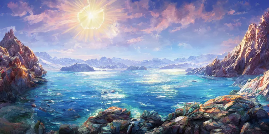 Image similar to a salt covered island surrounded by colourful rugged crystal quartz mountains, illustration, bright sunlight, sun glints, sunrays, digital art, hyperrealistic, oil painting, fantasy, 8 k, trending on artstation, detailed