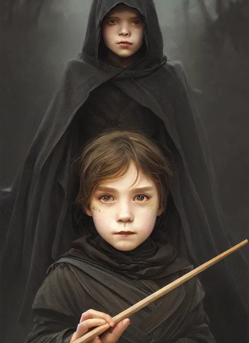 Image similar to perfectly - centered - portrait of a kid wearing black cloak holding stick, intricate, highly detailed, digital painting, artstation, concept art, smooth, sharp focus, illustration, unreal engine 5, 8 k, art by artgerm and greg rutkowski and alphonse mucha