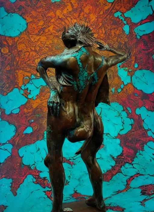 Image similar to An epic fantastic realism comic book style painting of a distressed bronze sculpture from the future by Stanislaw Szukalski, beautiful colorful flowers rain down like gilt marbled paper, turquoise ink highlights, fisheye lens, unreal 5, DAZ, hyperrealistic, octane render, dynamic lighting