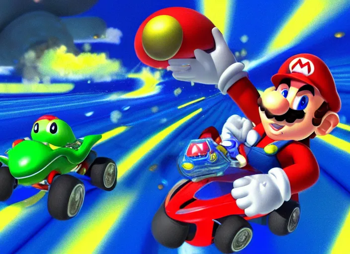 Image similar to portrait of mario kart blue shell flying through the air followed by other mario kart turtle shells