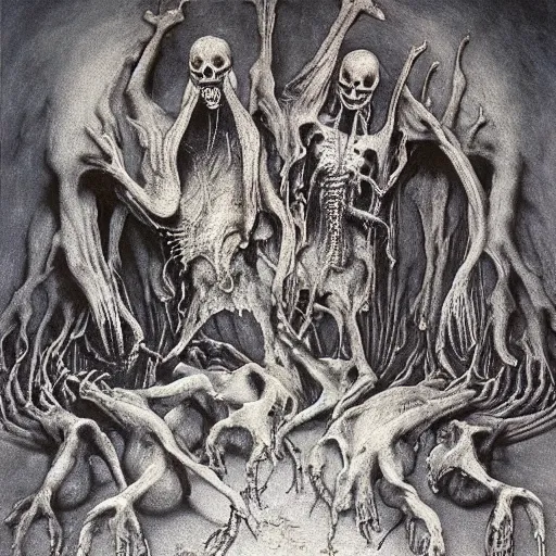 Prompt: merge skeletons in the hundeds reaching out the borken portal to hell, artwork by beksinski gammell mcfarlane giger realsistic horror, wispy prismatic ink horrors