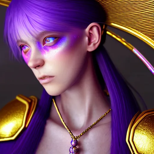 Prompt: hyperdetailed close portrait of a stunningly beautiful ukrainian girl androgynous wizard guard made of iridescent metals and shiny purple gems, bright rainbow nimbus, golden necklace, smoke background inspired by ross tran and masamune shirow and kuvshinov, concept art, intricate, photorealistic, octane render, rtx, hdr, unreal engine, dnd digital art by artgerm