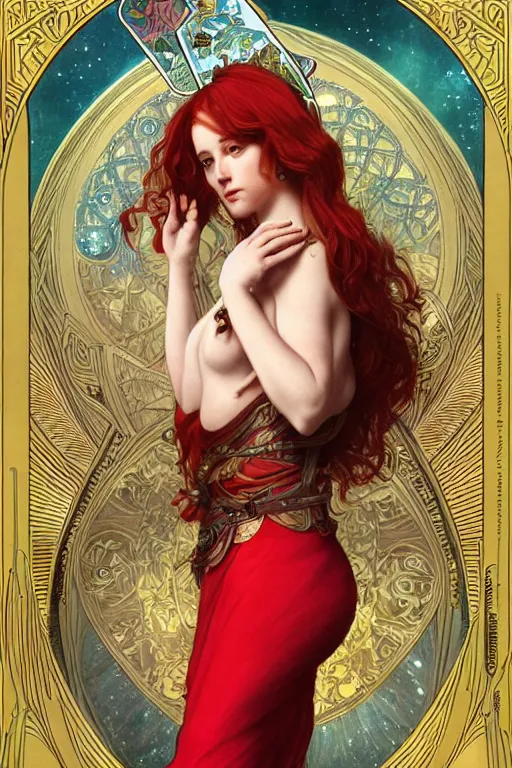 Prompt: a full body tarot card of the red haired thick empress of eternity, space, universe, portrait, highly detailed, deep focus, elegant, digital painting, smooth, sharp focus, illustration, ultra realistic, 8 k, art by artgerm and alphonse mucha