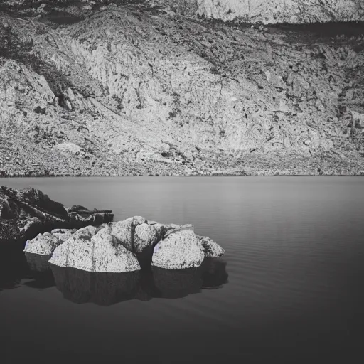 Prompt: cinematic wide shot of a lake with rope floating in the middle, a rocky foreground, sunset, a bundle of rope is in the center of the lake, eerie vibe, leica, 2 4 mm lens, 3 5 mm kodak film, f / 2 2, anamorphic