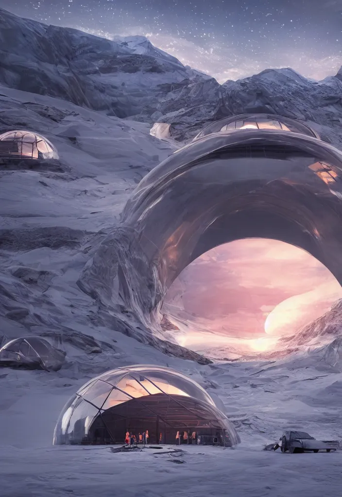 Prompt: Multiple tunnels in antartica with a transparent roof that shows a beautiful sunset, multiple people in the tunnels around campfires and futuristic igloos, facinating, fantasy digital art, octane render, beautiful composition, trending on artstation, award-winning photograph, masterpiece