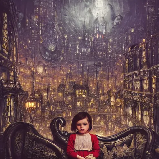 Image similar to a photo of young sad victorian gothic child with big eyes and wide grin sitting on a sofa of bones surrounded by a cyber futuristic cityscape made of human body parts by dan mumford, ultra detailed, 8 k resolution, beautiful lighting, expansive detailed layered city, landscape, 5 0 mm, perfect faces