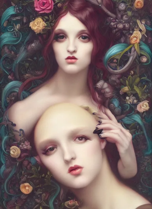 Prompt: pop surrealism, lowbrow art, realistic seductive woman painting, preraphaelites, hyper realism, muted colours, rococo, natalie shau, loreta lux, tom bagshaw, mark ryden, trevor brown style,