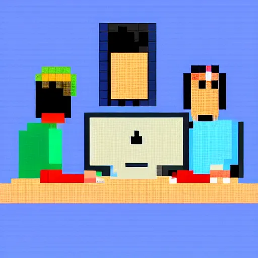 Prompt: 3 guys hanging on computers, pixel art