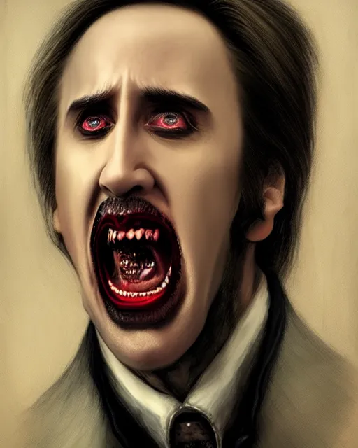 Image similar to nicolas cage as dracula, dogtooth, highly detailed, centered, artstation, concept art, smooth, sharp focus, illustration, bokeh art by artgerm and donato giancola and joseph christian leyendecker