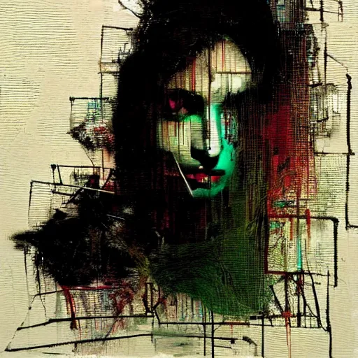 Prompt: portrait of a hooded beautiful women wearing a, mysterious, shadows, by Guy Denning, by Johannes Itten, by Russ Mills, glitch art, hacking effects, chromatic, color blocking, oil on canvas, concept art, abstract