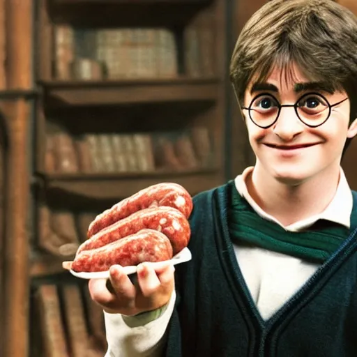 Prompt: harry potter holding a big italian sausage