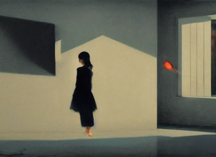 Image similar to famous asian actress girl dropping the shadow of her desires on the wall of empty house with a light from a window creating dreams, style of James Jean, Edward Hopper, Francis Bacon, colors of Mark Rothko, Frank Auerbach, trending on artstation, Greg Rutkowski, dark atmosphere