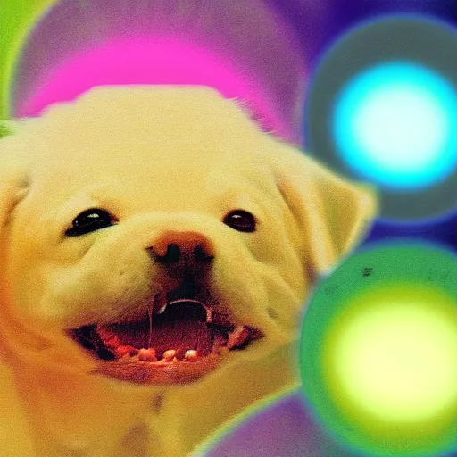 Prompt: inside a spherical atom, protons, electrons, neutrons, quarks glowing luminescent particles with happy dog faces floating inside