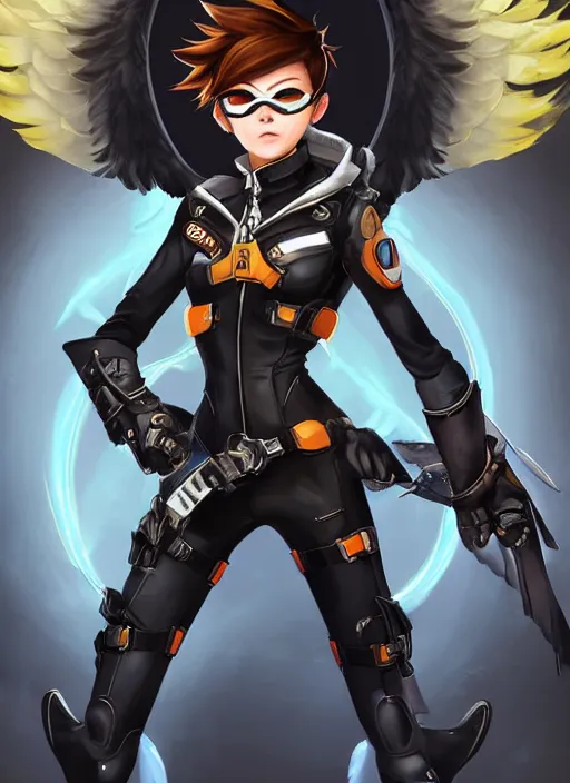 Prompt: full body artwork of tracer overwatch wearing leather collar, angel wings, dramatic painting, symmetrical composition, wearing detailed leather collar, black shiny armor, chains, black harness, detailed face and eyes,