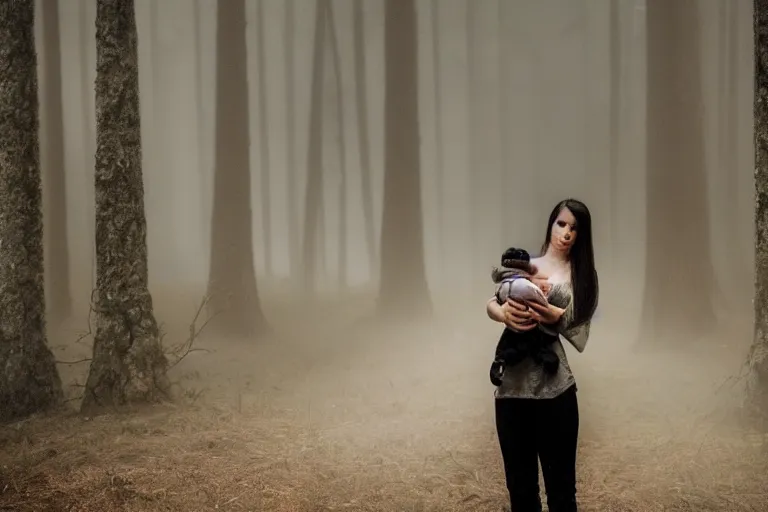 Image similar to a cinematic photo of a young woman with dark hair holds a baby in a dark, foggy forest, closeup, masterpiece