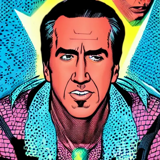 Prompt: dynamic macro head portrait of beautifu l nicholas cage super hero in white sequined jacket by john romita sr and cory walker and ryan ottley and jack kirby and barry windsor - smith, comic, illustration, photo real