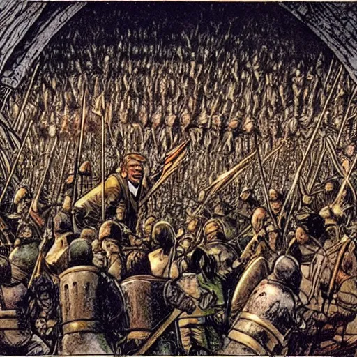 Image similar to enoumous crowd of people, as seen in the battle of helm's deep, but no weapons or armor present, everyone is laughing and pointing at donald trump standing on a podium with pants. style of the far side.