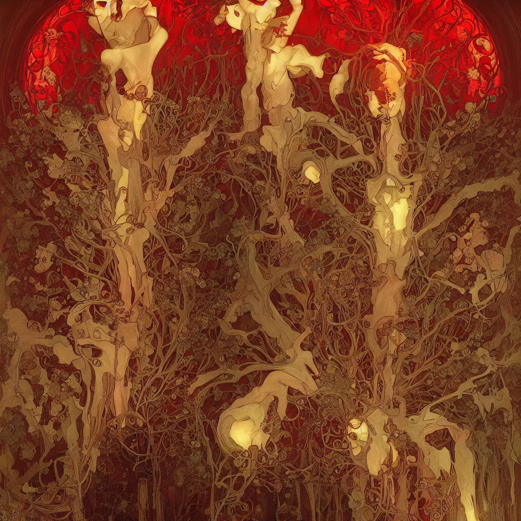 Image similar to fungus monsters by john sweeney and chris mars, red veins by alphonse mucha, intense lighting, light beams, lens flare, intricate, elegant, nightmare, highly detailed, digital painting, artstation, concept art, smooth, sharp focus, illustration