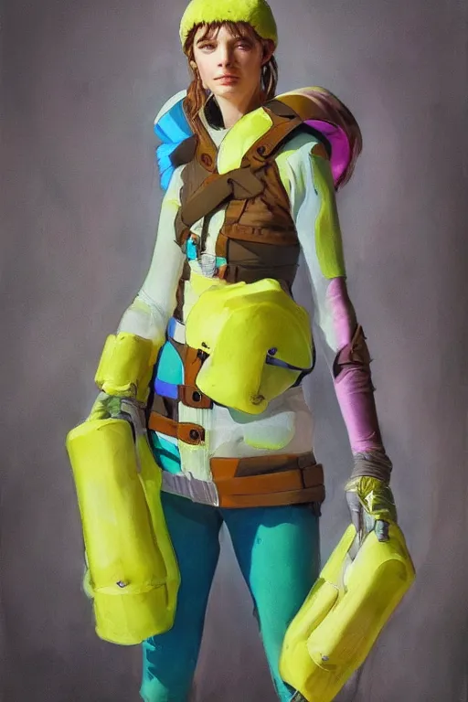 Prompt: a character wearing a diy costume with fluo colored details, muted colors, nausicaa, hyper real painting