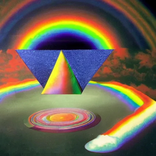 Image similar to a dark side of the moon with a rainbow, a hologram by Storm Thorgerson, tumblr, holography, 1970s, 1990s, ps1 graphics