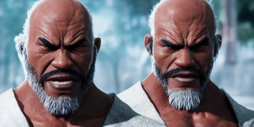 Image similar to a film still of a black man starring in a japanese blockbuster film as heihachi from tekken 7, shallow depth of field, cinematic, award winning cgi, vfx, film still