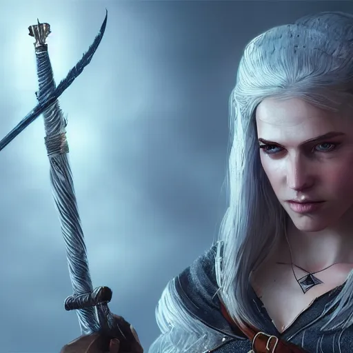 Image similar to witcher princess, posing heroically, heavenly, full body close-up shot, elegant, realistic character concept, high fantasy, light atmosphere, golden ratio, cinematic lighting, hyperdetailed, high resolution, insanely detailed and intricate, artstation, Marc Simonetti, Greg Rutkowski, octane render, 8k