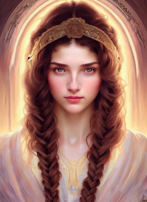 Image similar to beautiful ukrainian feminine face! portrait of young woman blessed by god with ever - increasing physical and mental perfection, beautiful hair, symmetrical! intricate, elegant, highly detailed, vision of holy perfection!! smile, digital painting, artstation, concept art, smooth, sharp focus, illustration, art by artgerm and greg rutkowski and alphonse mucha