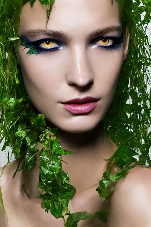 Image similar to A beautiful portrait of Daria Strokous smiling as Poison Ivy from Batman as a Versace fashion model Spring/Summer 2010, highly detailed, in the style of cinematic, Getty images, Milan fashion week backstage, Extreme close up, Makeup by Pat McGrath, Hair by Guido Palau, Greg rutkowski