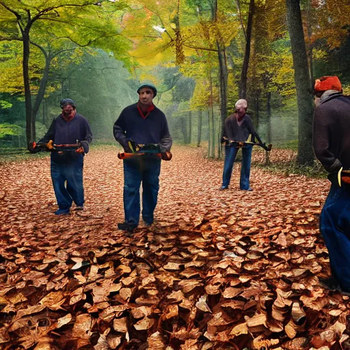 Image similar to men with leaf blowers fighting the falling leaves in a forest, detailed face, by Steve McCurry and David Lazar, CANON Eos C300, ƒ5.6, 35mm, 8K, medium-format print