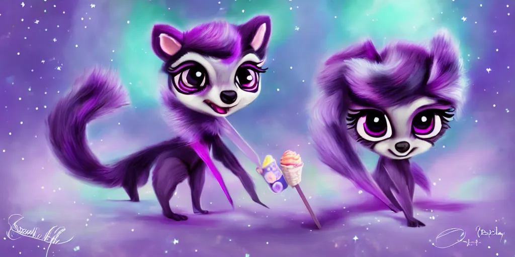 Image similar to 3 d purple - colored littlest pet shop purple raccoon, accessories, glittery wedding, ice cream, gothic, raven, rainbow, smiling, forest, moon, stars, master painter and art style of noel coypel, art of emile eisman - semenowsky, art of edouard bisson