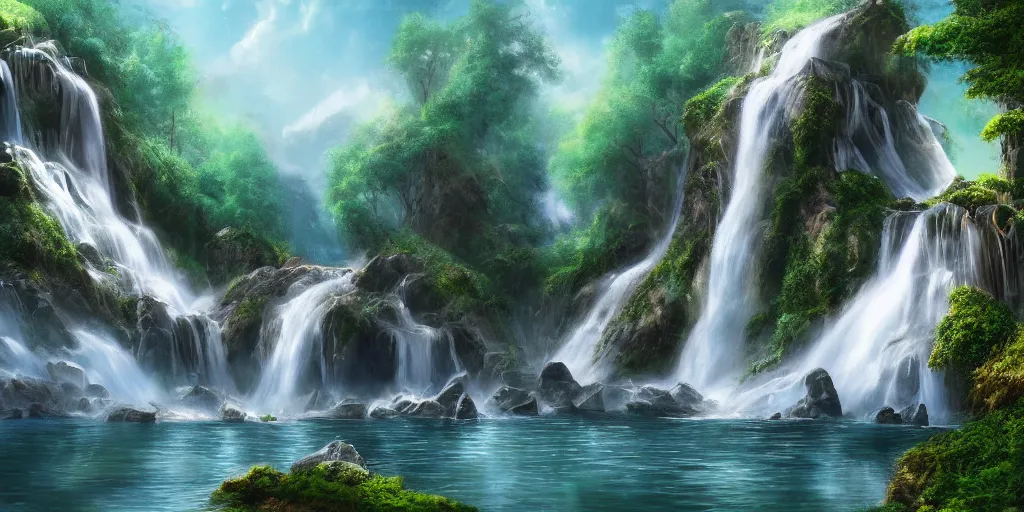 Prompt: peaceful beautiful waterfall, matte painting, concept art, 4 k