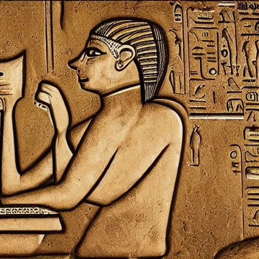 Prompt: Egyptian deity Anubis doing his taxes on a laptop, ancient carving, historic art, archeology, well preserved, high quality photo