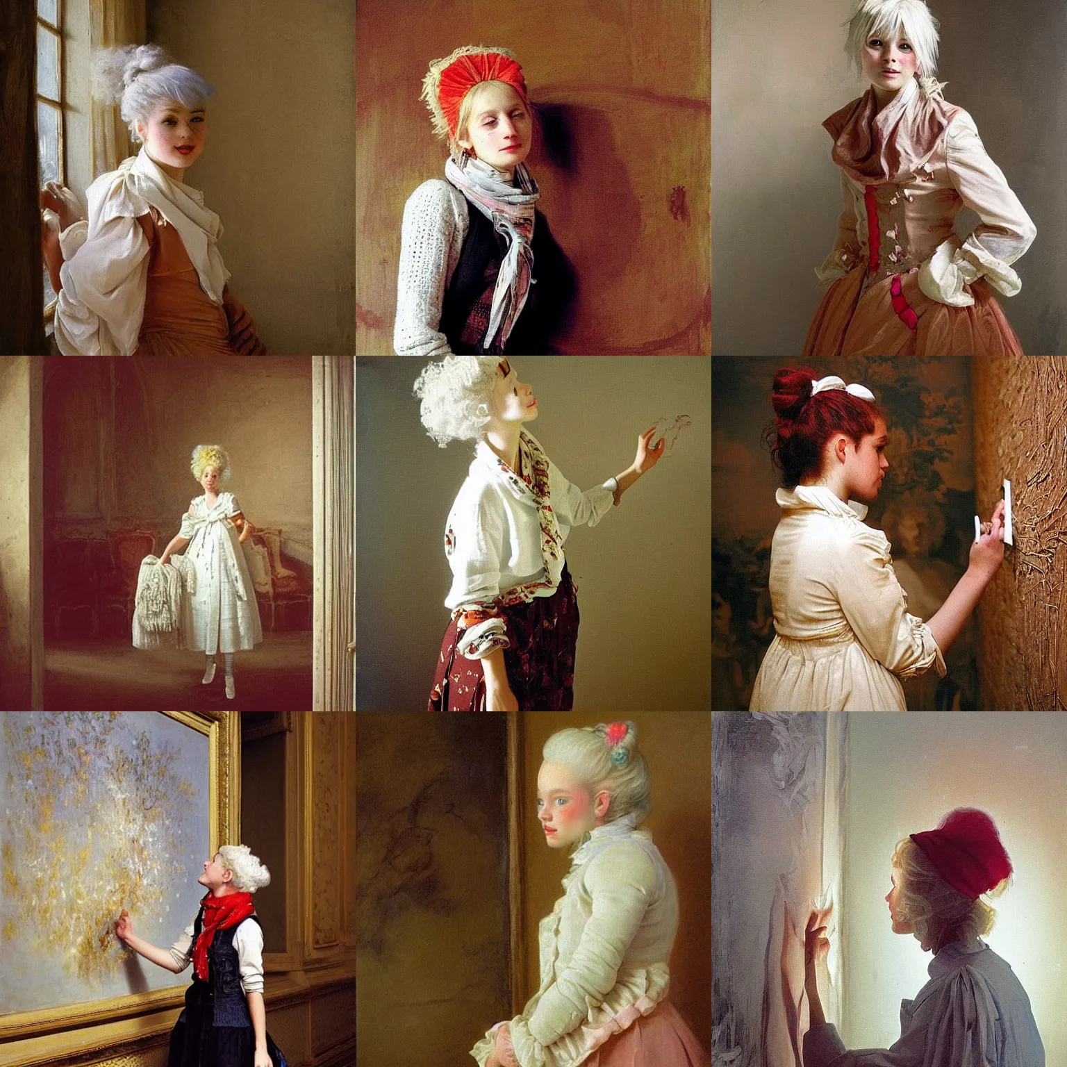 Prompt: a teen curator with light white hair and ref scarf, cheerful, modern fashion dress from the year 1 9 9 9, is ( ( looking at portraits on a wall ) ). light dust, magnificent, hyperdetailed, theatrical, painted by jean honore fragonard