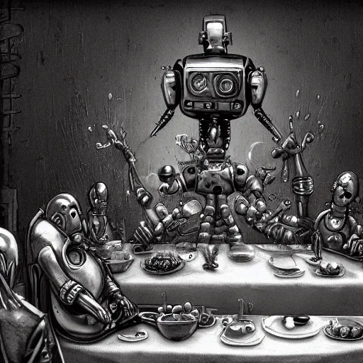 Prompt: last supper realistic robot , A Monster Emerges - trending on art station , depth of field