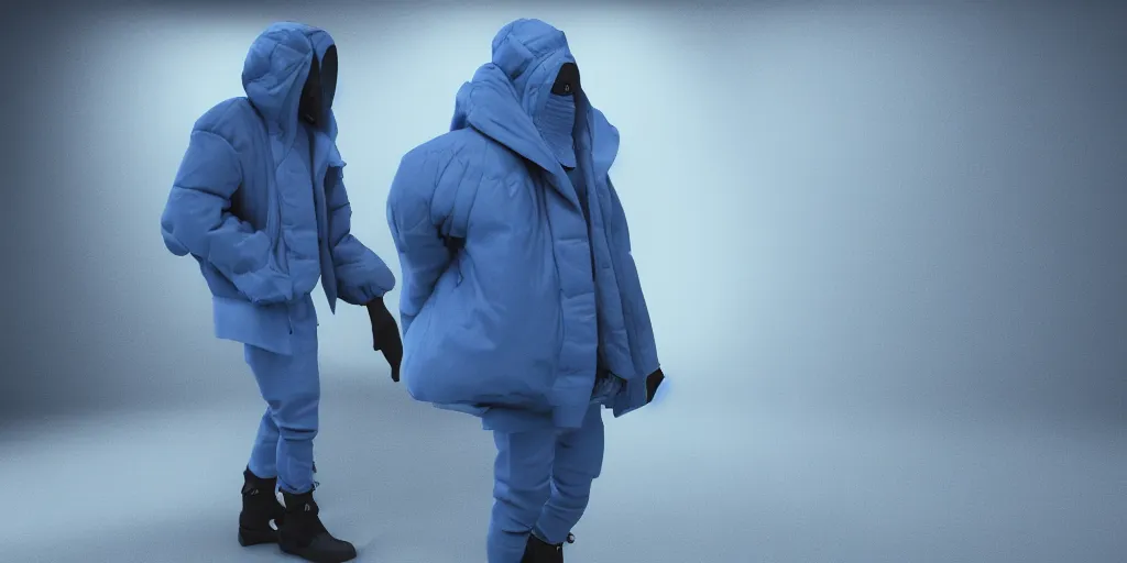 Prompt: kanye west wearing a cloth face covering mask, a small reflective blue puffer jacket made of nylon, jeans pants made and big black rubber boots in 3 d, blender, octane render, 3 d render, realistic, unreal engine, studio light, 4 k, 8 k