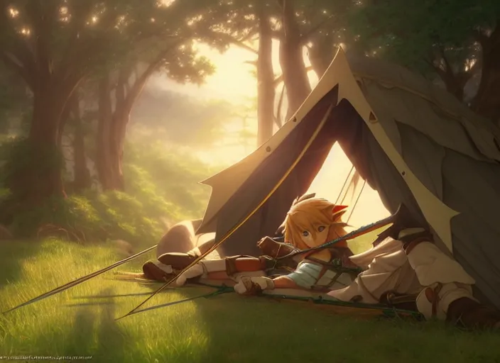 Prompt: cinematic full anime portrait of link from zelda resting with his bow at his tent. intricate, elegant, highly detailed, digital art, artstation, concept art, smooth, sharp focus, illustration, by stanley artgerm, greg rutkowski, studio ghibli, alphonse mucha, norman rockwell 8 k