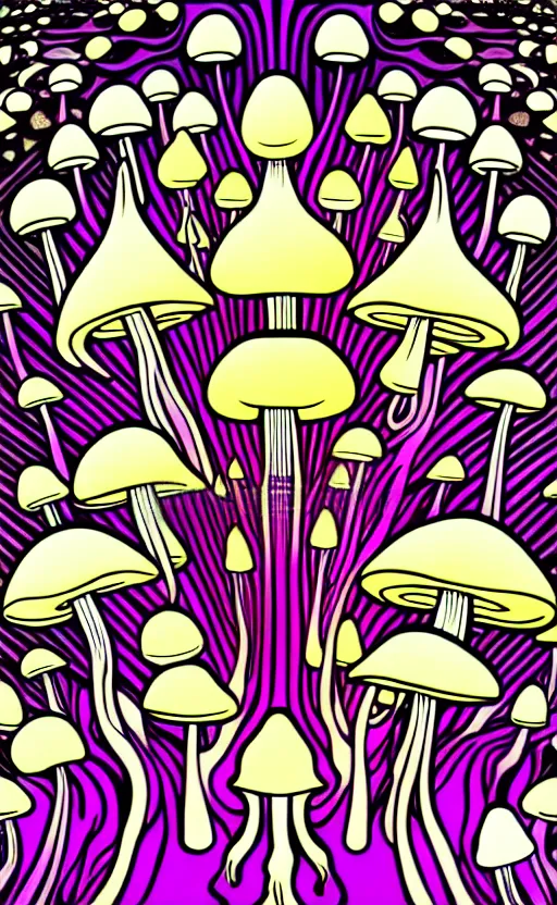 Image similar to psychedelic mushrooms wide angle shot, white background, vector art, illustration by frank frazetta