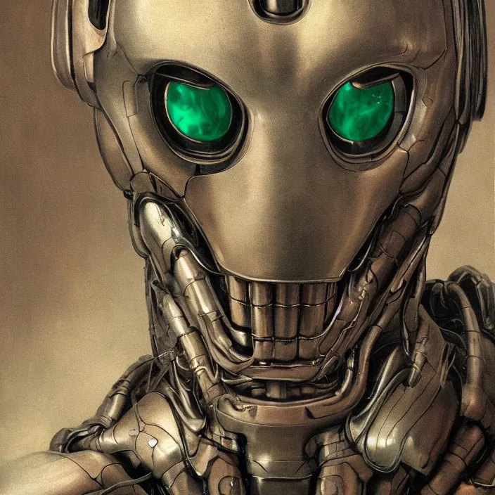 Image similar to h. r. giger esque portrait of a friendly happy emerald ultron from age of ultron, fresh of the production line, washed, clean, shiny, clockwork steampunk, head and chest only, by beksinski, 4 k, deviantart, trending on artstation