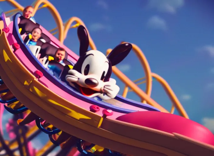 Prompt: film still of a bunny riding a roller coaster in disneyland paris, 8 k