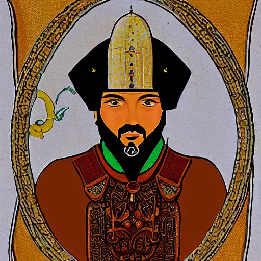 Prompt: stylized symmetrical portrait of Abbas ibn Firnas wearing his steampunk prosthetic mechanical dragon fly wings. a handsome face and a sly smile. ancient Islamic Iberia style.